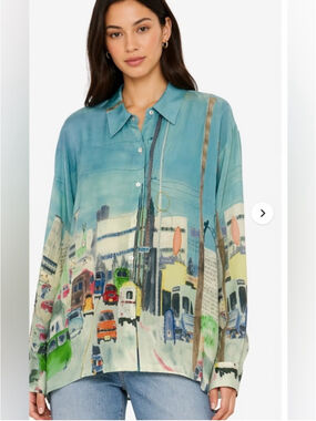 Nicole Taylor Silk Cityscape Blouse XL Art Print Statement Top chicago new york